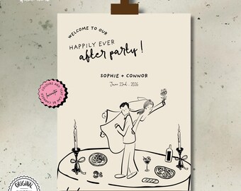 Afdrukbaar lang en gelukkig bewerkbaar welkomstbord sjabloon feestbord Funky bruiloft schaking receptie welkomstborden 4c
