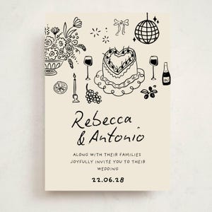 K&ouml;nnte beinhalten: Eine cremefarbene Hochzeitseinladungskarte mit schwarzen Strichzeichnungen eines herzf&ouml;rmigen Kuchens, einer Discokugel, Blumen, Wein und Trauben. Der Text lautet: Rebecca & Antonio, along with their families joyfully invite you to their wedding, 22.06.28.