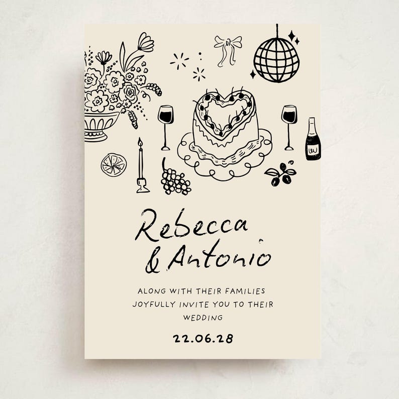K&ouml;nnte beinhalten: Eine cremefarbene Hochzeitseinladungskarte mit schwarzen Strichzeichnungen eines herzf&ouml;rmigen Kuchens, einer Discokugel, Blumen, Wein und Trauben. Der Text lautet: Rebecca & Antonio, along with their families joyfully invite you to their wedding, 22.06.28.