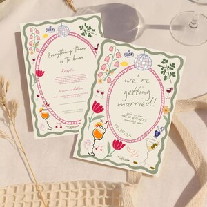 Op de afbeelding: Twee trouwuitnodigingskaarten met bloemen- en cocktailillustraties. De kaarten hebben een roze ovale lijst met de tekst "Everything there is to know" en "we're getting married!". De datum 06.30.25 is ook zichtbaar.