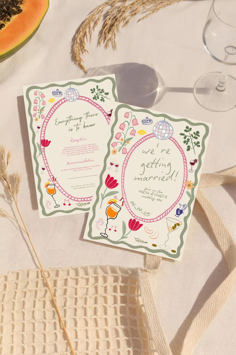 Op de afbeelding: Twee trouwuitnodigingskaarten met bloemen- en cocktailillustraties. De kaarten hebben een roze ovale lijst met de tekst "Everything there is to know" en "we're getting married!". De datum 06.30.25 is ook zichtbaar.