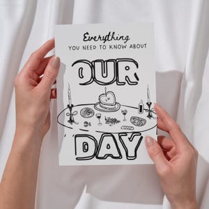 May include: A black and white illustration of a table setting with candles, wine glasses, food, and a heart-shaped cake. The text "Everything you need to know about our day" is above the illustration.
