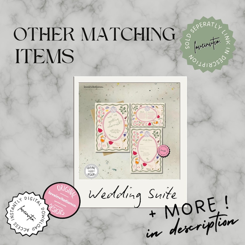 May include: A wedding suite with floral designs and the text "We're getting married!" is displayed. The suite includes invitations and other matching items. The image also includes the text "Wedding Suite + MORE! in description".