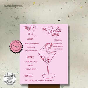 Hand Drawn Bachelorette Bar and Drinks Menu Template Girl martini Editable Hens Party Bar Menu Printable Cocktail Menu Signage