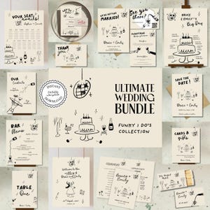 May include: A collection of wedding stationery with whimsical black line art on a cream background. Includes invitations, menus, seating charts, and signage. The text "Ultimate Wedding Bundle" and "Funky I Do's Collection" are visible.