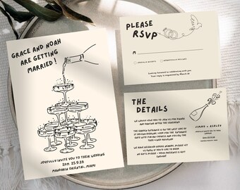Wedding Invitation Suite, Hand drawn Printable Wedding, Wedding Invite Set Illustrated Champagne Tower Wedding Editable Wedding invitations
