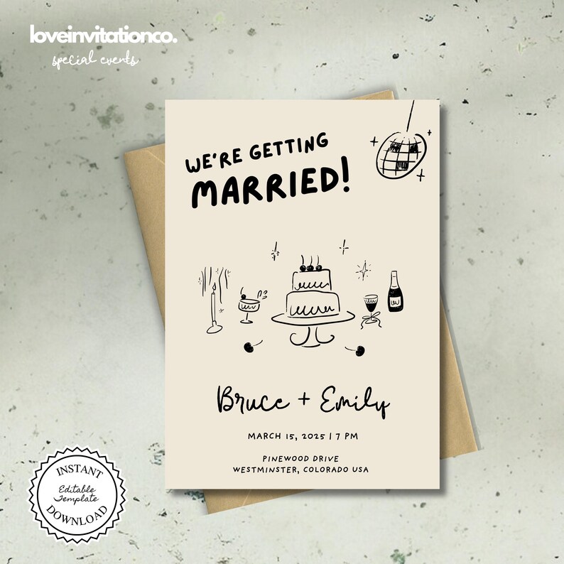 Plantilla de invitación de boda editable, invitación imprimible, invitación digital única, invitación dibujada a mano, invitación original, descarga instantánea 2sd imagen 1
