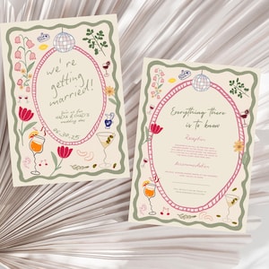 Op de afbeelding: Twee trouwuitnodigingskaarten met een grillig ontwerp. De kaarten hebben een roze ovale lijst met tekst en illustraties van cocktails, bloemen en een discobal. Op &eacute;&eacute;n kaart staat "We're getting married!" en op de andere "Everything there is to know."