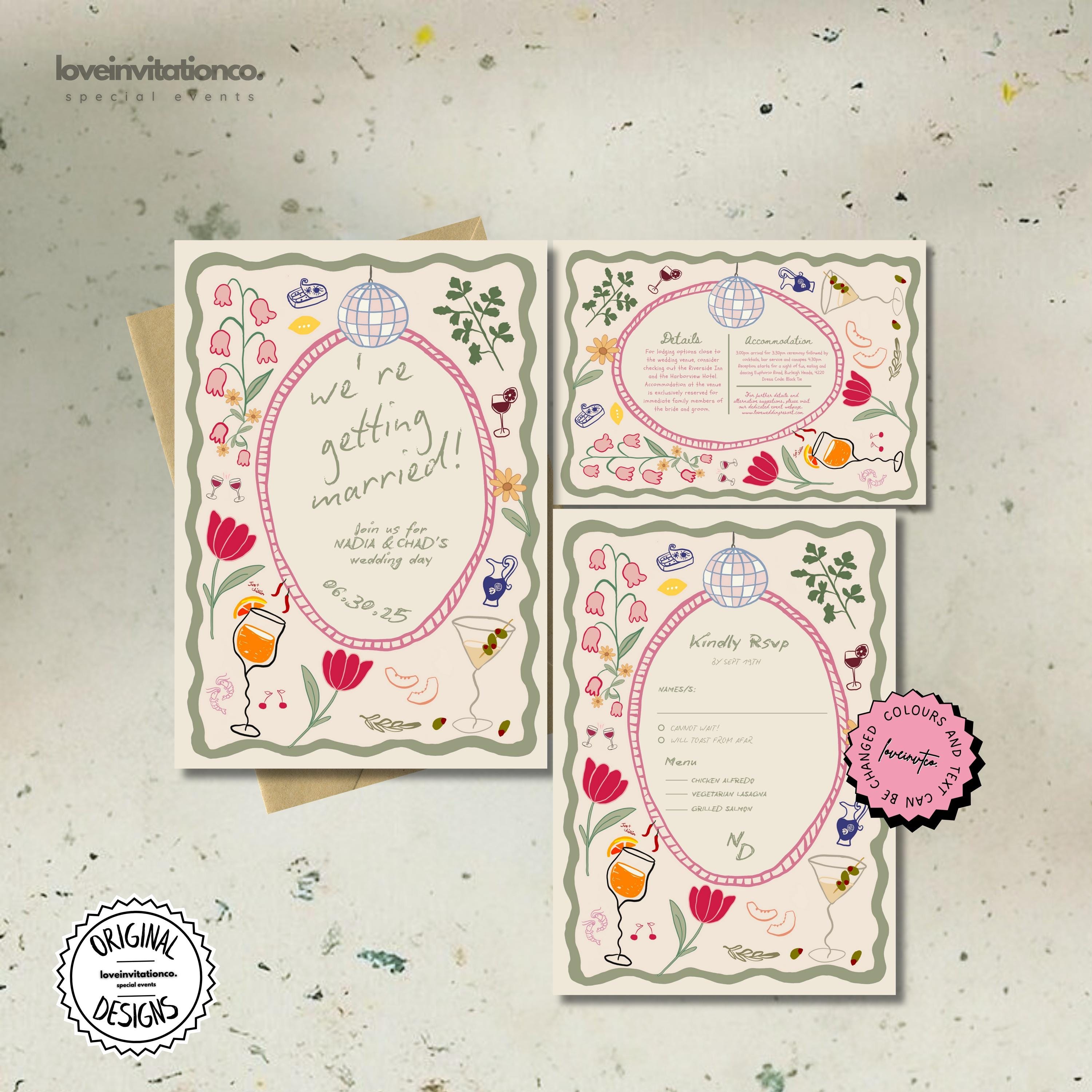 Editable Floral Wedding Invitation Template, Printable Invitation Suite, Unique Invite, Digital Boho Invitation, Whimsical Invitations 05