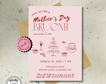 Handritad mall för mors dagsbrunch, redigerbara inbjudningar, utskrivbara frukostinbjudningar för mammor, brunchbjudningar för mammor,