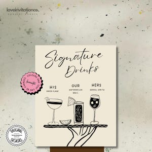 Signature Drinks Sign Template Personalized Hand Drawn Signature Sign Editable Wedding Cocktail Menu Signature Custom Cocktails Bar Sign 7k