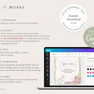 K&ouml;nnte beinhalten: Eine Anleitungsgrafik mit dem Titel HOW IT WORKS, die einen f&uuml;nfstufigen Prozess f&uuml;r eine digitale Vorlage beschreibt. Sie enth&auml;lt Symbole f&uuml;r Kauf, Zugriff, Bearbeitung, Download und Druck. Ein Laptop zeigt eine Canva-Oberfl&auml;che mit einem Design.