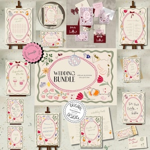 Puede incluir: Un conjunto de papelería de boda con un diseño floral. El conjunto incluye invitaciones, tarjetas de mesa y letreros, todos con una paleta de colores suaves con acentos rosas y verdes. El texto "Wedding Bundle" se muestra de forma destacada.