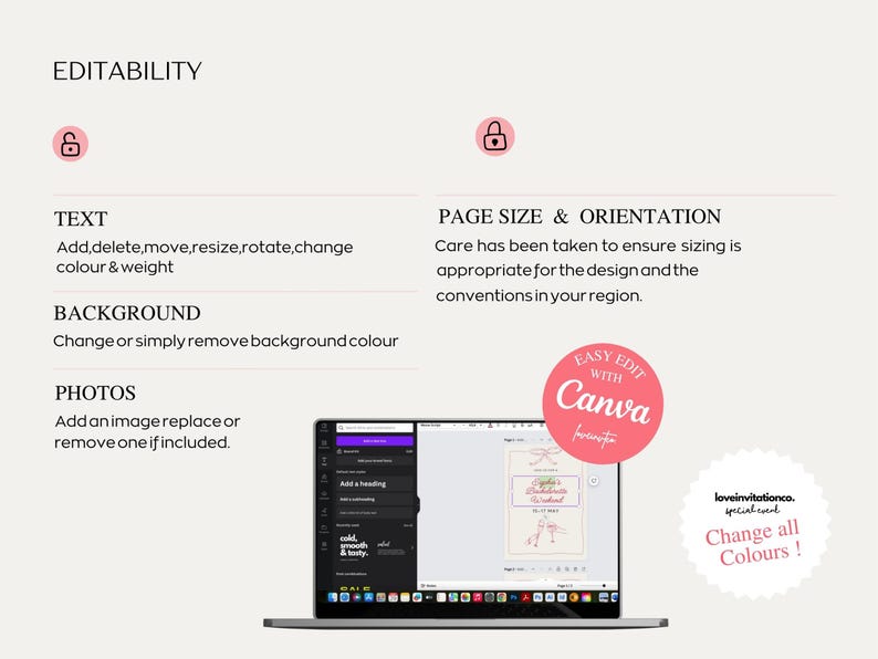 May include: A digital template interface displayed on a laptop screen, featuring text labels for editability including text, background, and photos. Pink circular badges with white text read Easy Edit With Canva and Change all Colours.