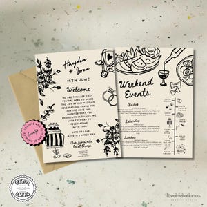 Plantilla de carta de bienvenida para boda, carta de bienvenida imprimible, cronograma dibujado a mano, itinerario de boda, calendario de eventos de fin de semana, nota manuscrita 7k
