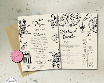 May include: Wedding invitation suite with a kraft paper envelope. The invitation features black line art illustrations of flowers, food, and wedding-related icons. Text includes the names "Hayden + Loren" and "Weekend Events."