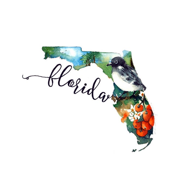 Florida State Map Art Print Watercolor Wall Art Florida Etsy