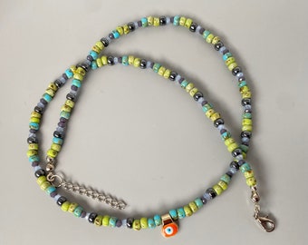Handcrafted Seed Bead Necklace with Crystals & Evil Eye Charm - Elegant Luminescent 18" Accessory - Perfect Gift for Her