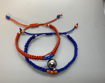 Magnetic Couple Bracelets - Matching His and Hers Love Bands - Beaded Dark Blue & Orange Design - Handcrafted Relationship Jewelry