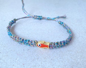 Colorful Fish Charm Macrame Bracelet - Multicolored Lucky Amulet - Handmade Jewelry - Thoughtful Gift for Positive Vibes