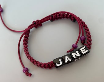 Personalized Name Bracelet - Adjustable Burgundy Rattail with Black Letter Beads, Unique Gift Idea