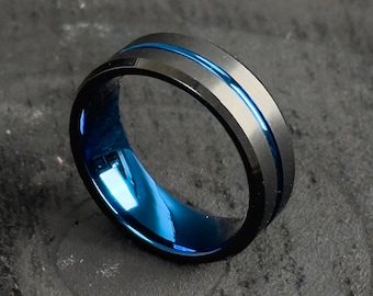 Two-Tone Tungsten Carbide Ring: Blue Inlay, 8mm Wedding Band