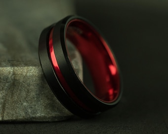 Black Tungsten Ring: 8mm Red Inlay Wedding Band