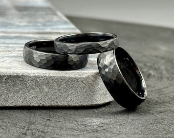 Anello in tungsteno martellato nero, elegante anello in tungsteno nero da 8 mm per lui, fascia in tungsteno sottile da 4 mm, anello nuziale da uomo da 6 mm