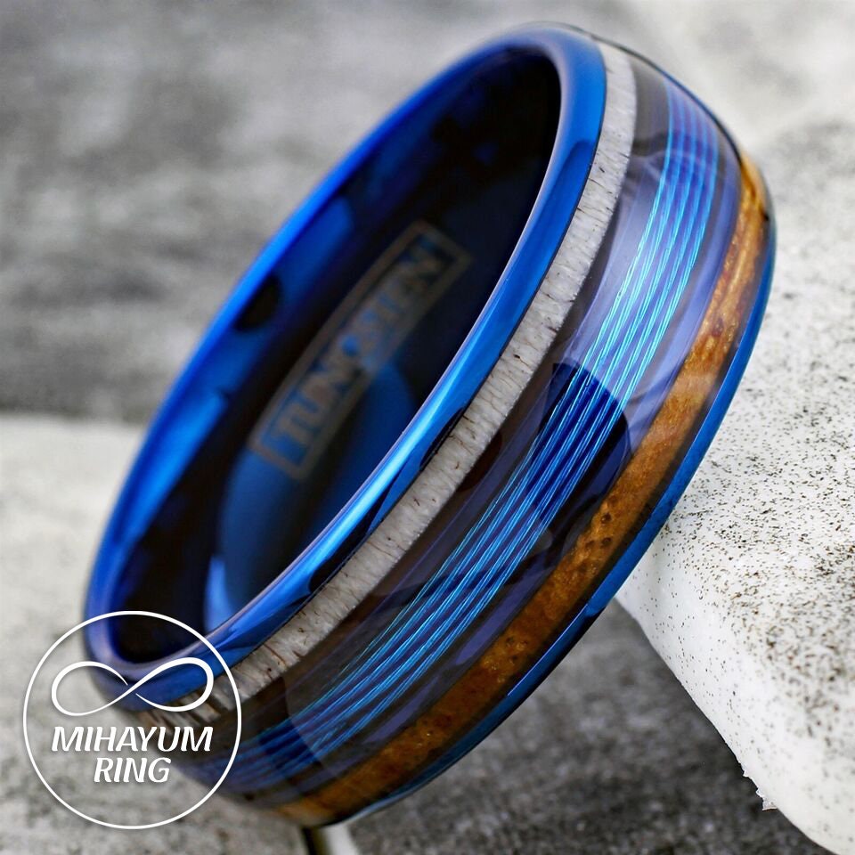 Fishing Line Ring For Men | Tungsten Ring Men's Blue Fishing Line-Whiskey  Barrel & Deer Antler Band | Blue Tungsten Ring | Engagement Ring