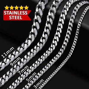 May include: Five silver curb chain necklaces in different widths, labeled with their measurements in millimeters: 3mm, 5mm, 7mm, 9mm, and 11mm. The chains are arranged in a staggered pattern, with the widest chain at the top and the narrowest chain at the bottom. The chains are made of stainless steel.