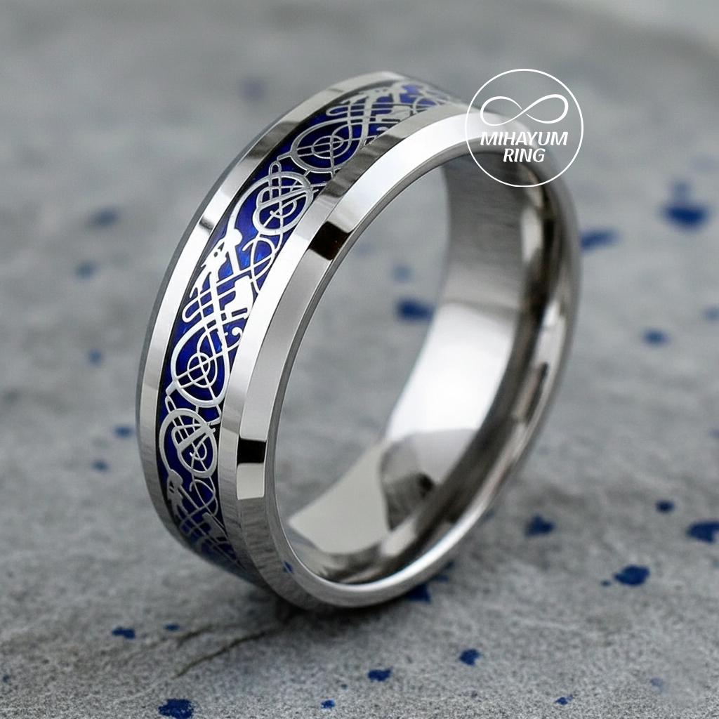 Blue Celtic Dragon Tungsten Carbide Ring - 6mm Unisex Wedding Band Size 12