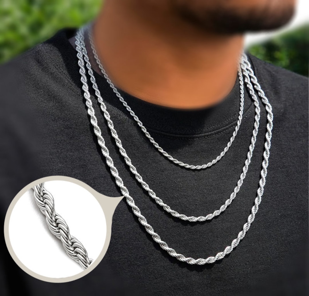 Silver Rope Chain Mens Stainless Steel Necklace Chain Silver Twist Rope ...