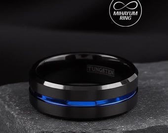 Black Tungsten Thin Blue Line Ring, Police Officer Wedding Band, Law Enforcement Jewelry, Mens & Womens Band