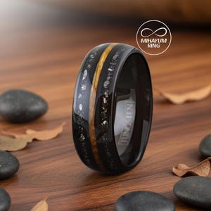 Whiskey Meteorite Ring, mens wedding band, Whiskey Barrel Ring, Mens Ring, Burnt Whiskey Barrel Ring With Meteorite | Meteorite Wedding Ring