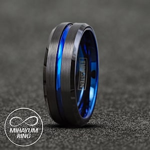 Black and Blue Tungsten Ring, Thin Blue Line Ring, Blue Stripe Black Tungsten Carbide Wedding Ring Band, Tungsten Wedding Band