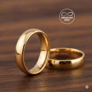 14K Gold Tungsten Wedding Band, 4mm Gold Plated Polished Dome Promise Ring