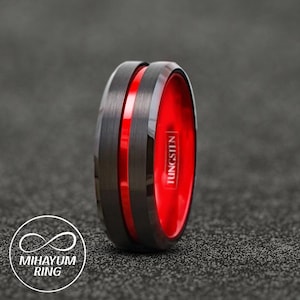Thin Red Line Ring, Black Tungsten Red Line Wedding Band , Black Tungsten Anniversary Band, Red Tungsten Ring, Tungsten Band
