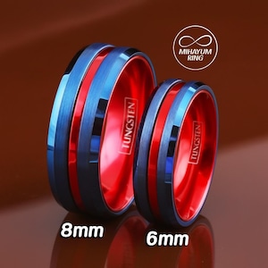 Thin Red Line Ring, Superhero Ring, Blue Tungsten Brushed Thin Red Line Wedding Ring, Tungsten Carbide Wedding Band Blue and Red Ring