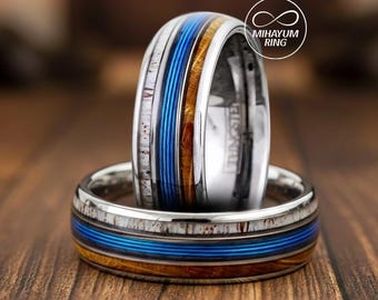 Mens Wedding Band, Fishing Line Ring for Men, Blue Fishing Line Whiskey Barrel Wood & Deer Antler Inlay Band, Silver Tungsten Wedding Ring