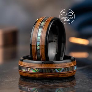 Mens Wedding Band, Whiskey Barrel Guitar String Wedding Bands with Abalone Inlay, Matching Promise Rings Set