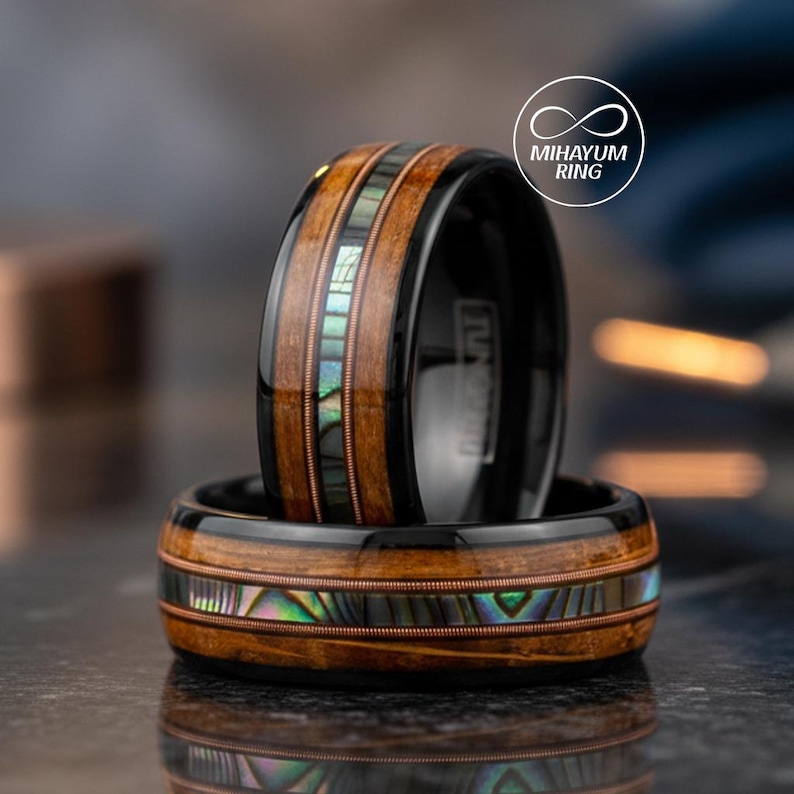 Matching Barrel Rings Mens Wedding Band, Whiskey Barrel Guitar String Ring, Abalone Shell ...
