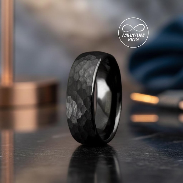 Mens Wedding Band, Black Tungsten Wedding Ring, Hammered Men's Band, Brushed Matte Groom Ring, Durable Carbide Ring, Modern Wedding Band