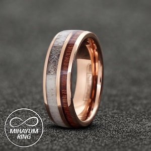 Tungsten Rose Gold Antler Ring, Deer Antler and Wood Tungsten Wedding Band Ring for Men Women, Deer Antler Ring Men Male, Wood Ring