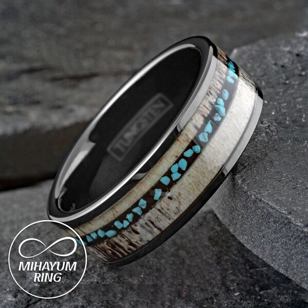 Deer Antler Crushed Turquoise Black Polished Tungsten Wedding Ring Band | Tungsten Carbide Antler Ring | Turquoise and Deer Antler Men Ring