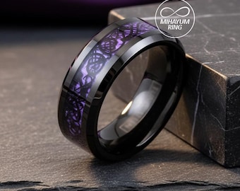 Dragon Purple Ring, Viking Tungsten Ring, Mens Wedding Band, Celtic Tungsten Ring, Black Tungsten Band, Dragon Inlay, Purple and Black Band