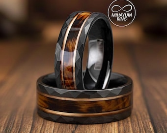 Mens Wedding Band, Charred Wood Hammered Wedding Band, Mens Whiskey Barrel Tungsten Ring, Unique Rustic Groom Band