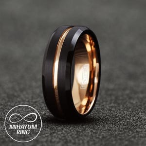 Thin Rose Gold Line Ring, Tungsten Ring, Men&#39;s Tungsten Wedding Band, Men&#39;s Black Wedding Band, Rose Gold Tungsten Ring, Rose Gold Band