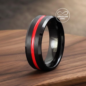Tungsten Ring Men With Red Line, Thin Red Line Ring, Black Tungsten Brushed Thin Red Line Wedding Band Ring, Red Line Tungsten Ring