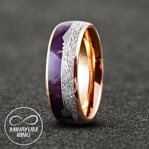 Men Ring Purple Opal, Purple Inlay Rose Gold Plated Meteorite Mens Wedding Band Purple, Purple Lapis Ring, Purple Meteorite Arrow Inlay Ring