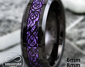 Dragon Wedding Band | Purple Tungsten Ring | Male Wedding Rings Purple | 6/8mm Black Tungsten Carbide Purple Carbon Fiber Celtic Ring